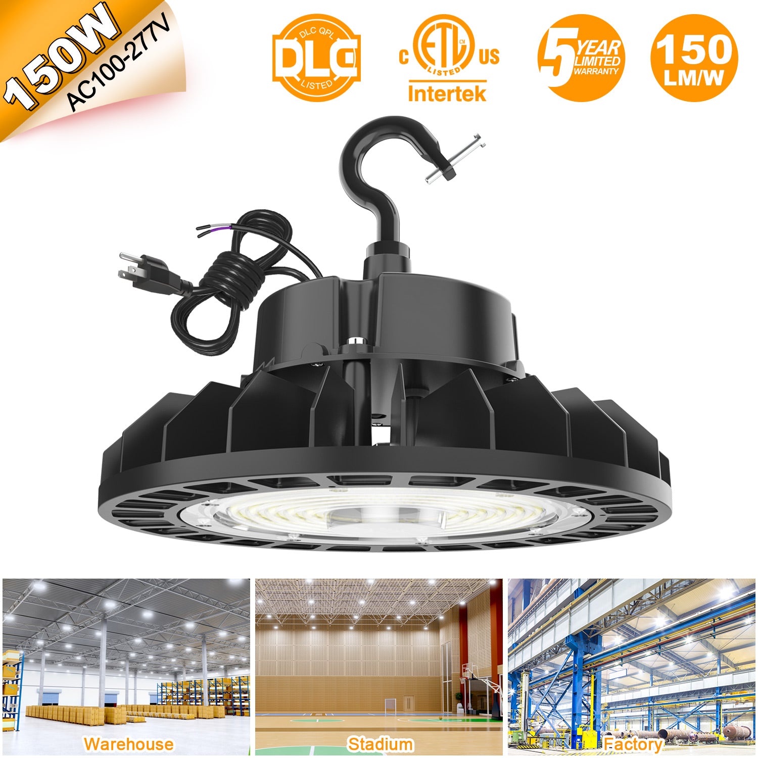LED High Bay Light - UFO05 Series,150W,22500lumens,5000K,100-277V,US Plug