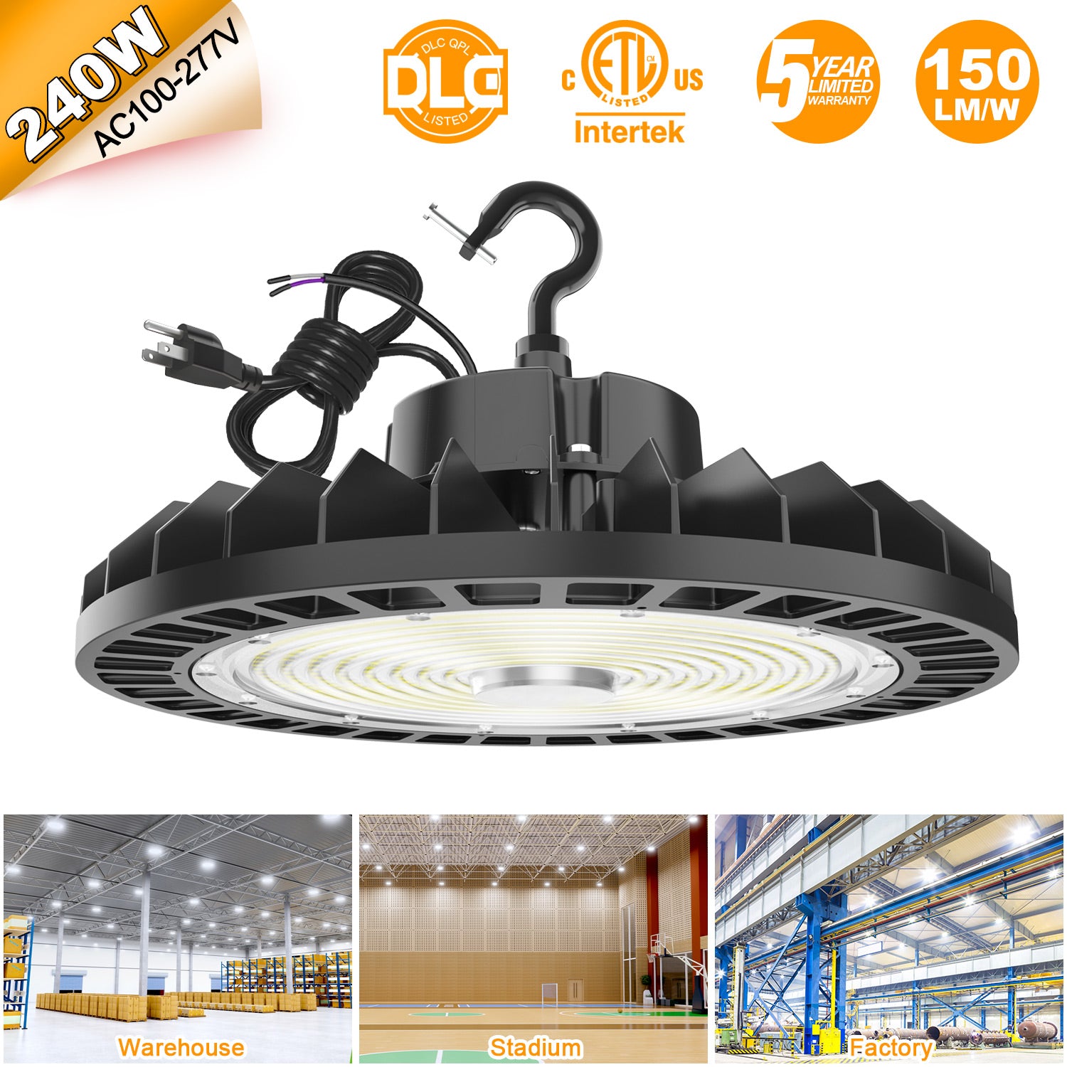LED High Bay Light - UFO05 Series,240W,36000lumens,5000K,100-277V,US Plug