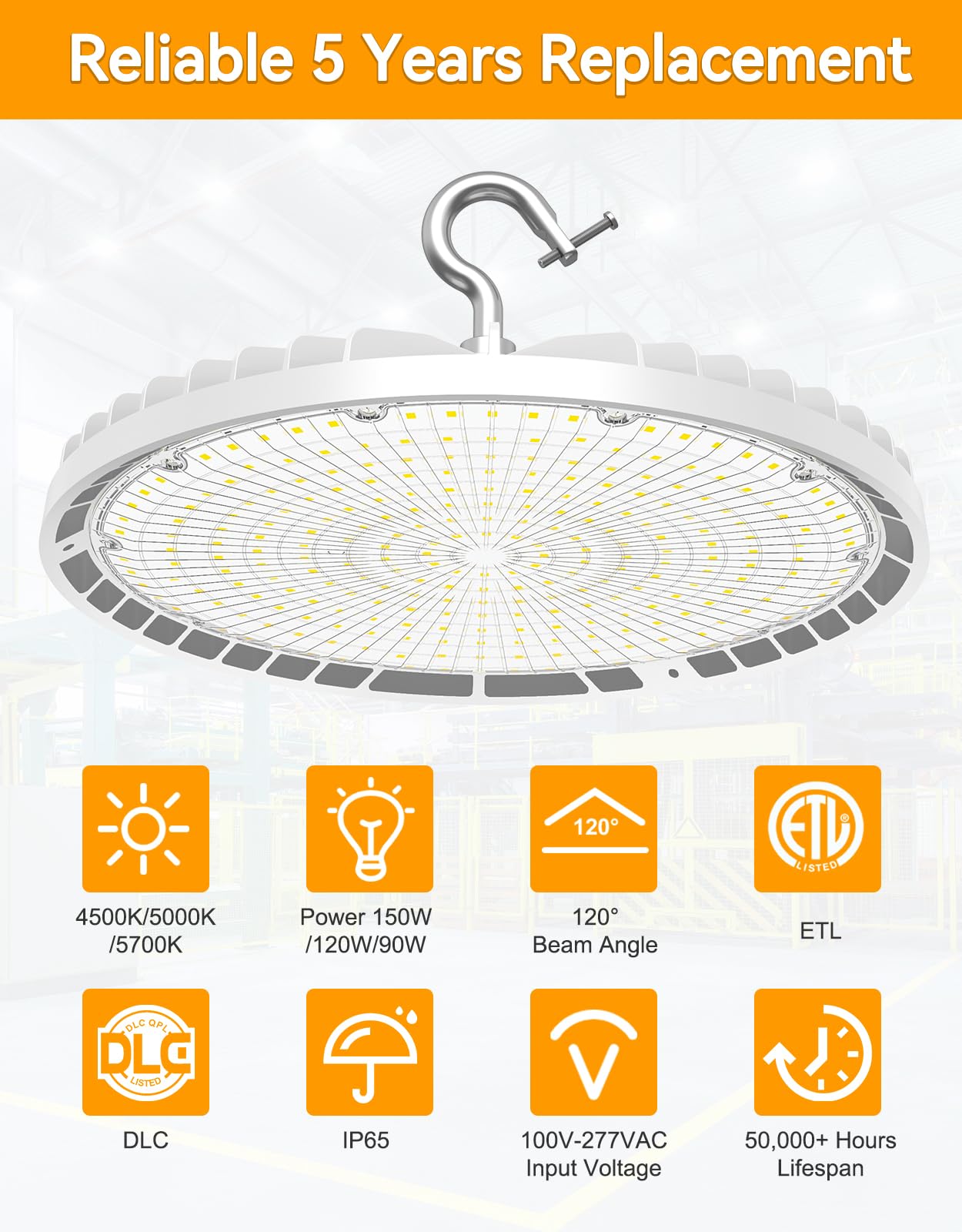 LED High Bay Light - BI Series,150W,22500lumens,Selectable Wattage&CCT,100-277V WITH US PLUG