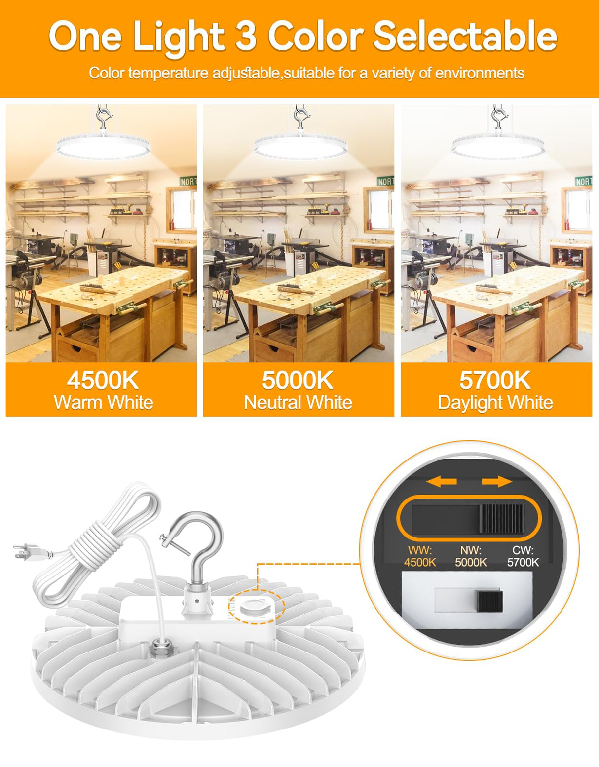 LED High Bay Light - BI Series,150W,22500lumens,Selectable Wattage&CCT,100-277V WITH US PLUG