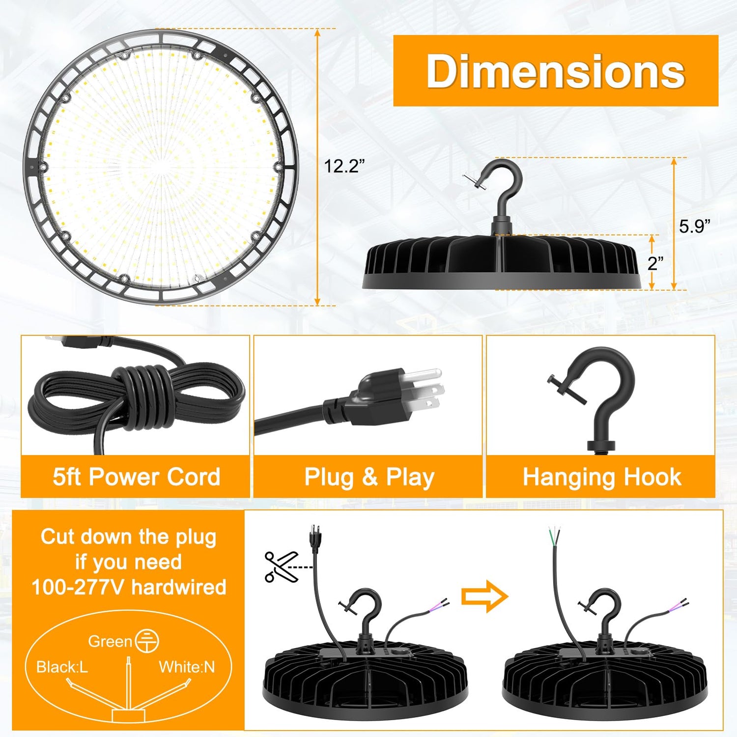 LED High Bay Light - BI Series,240W,36000lumens,Selectable Wattage&CCT,100-277V WITH US PLUG