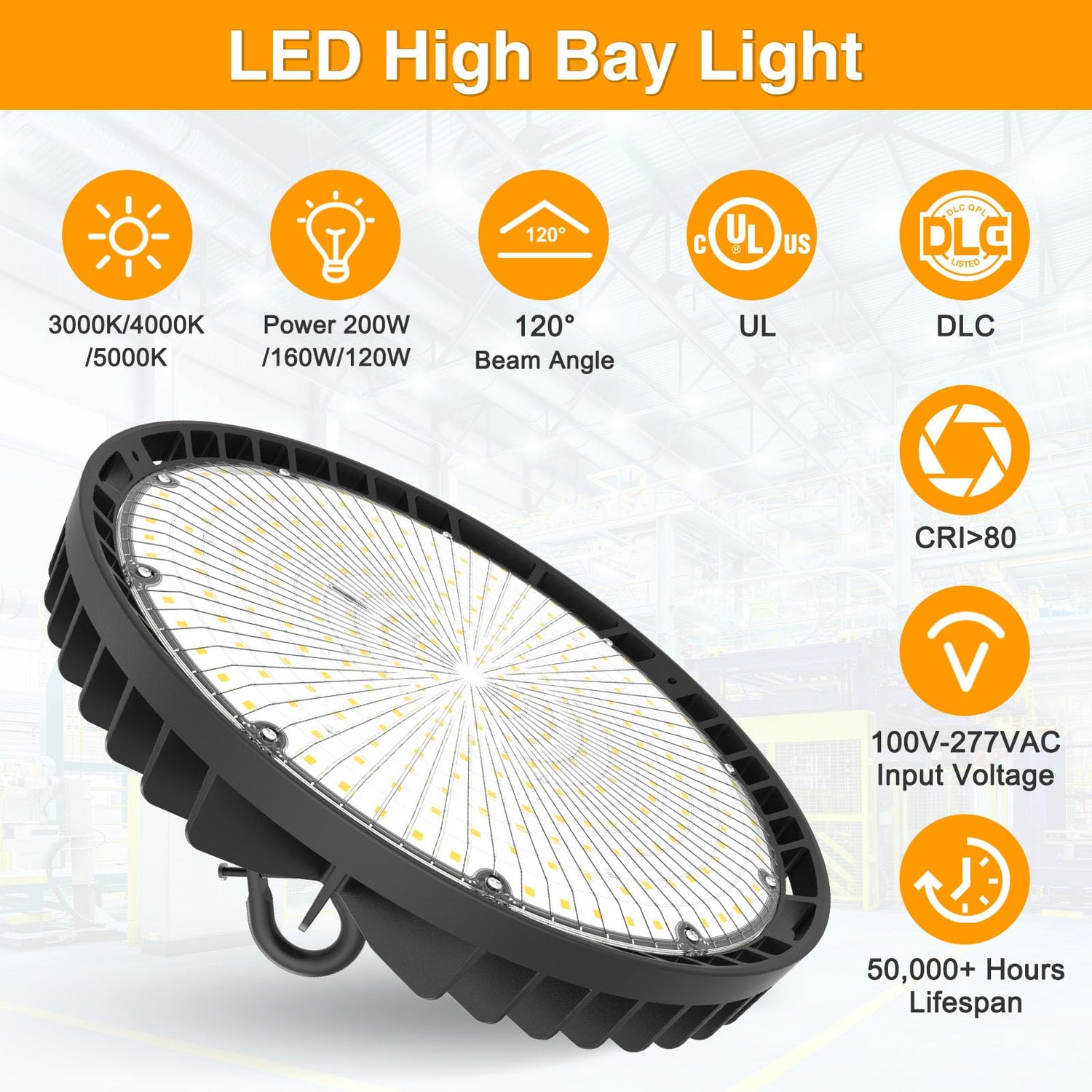 LED High Bay Light - BI Series,240W,36000lumens,Selectable Wattage&CCT,100-277V WITH US PLUG