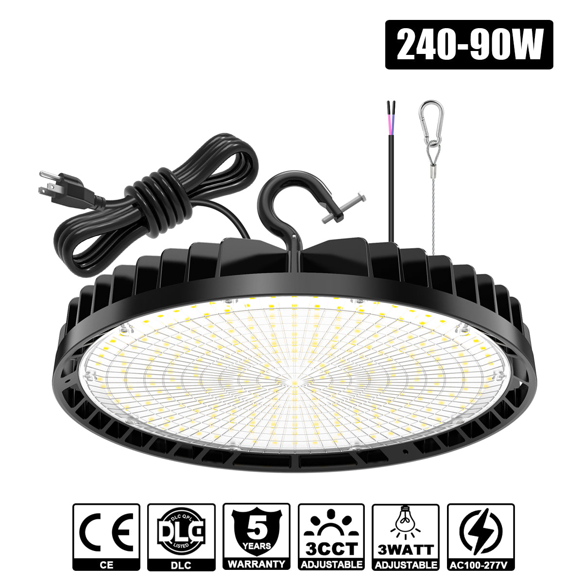 240W - 90W LED UFO High Bay Light WATT CCT Tunable 4.5/5/5.7K 100-277VAC 0-10V Dim with US Plug