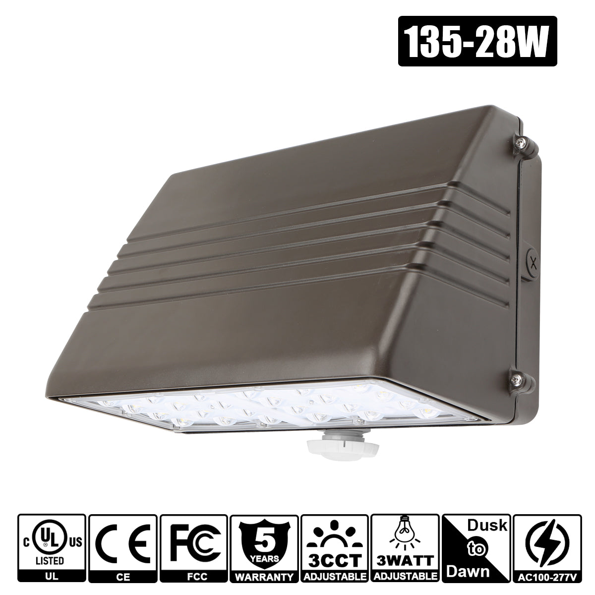 135W - 28W LED Full Cut-Off Wall Pack WATT CCT Tunable 3/4/5K 120-277VAC with Photocell