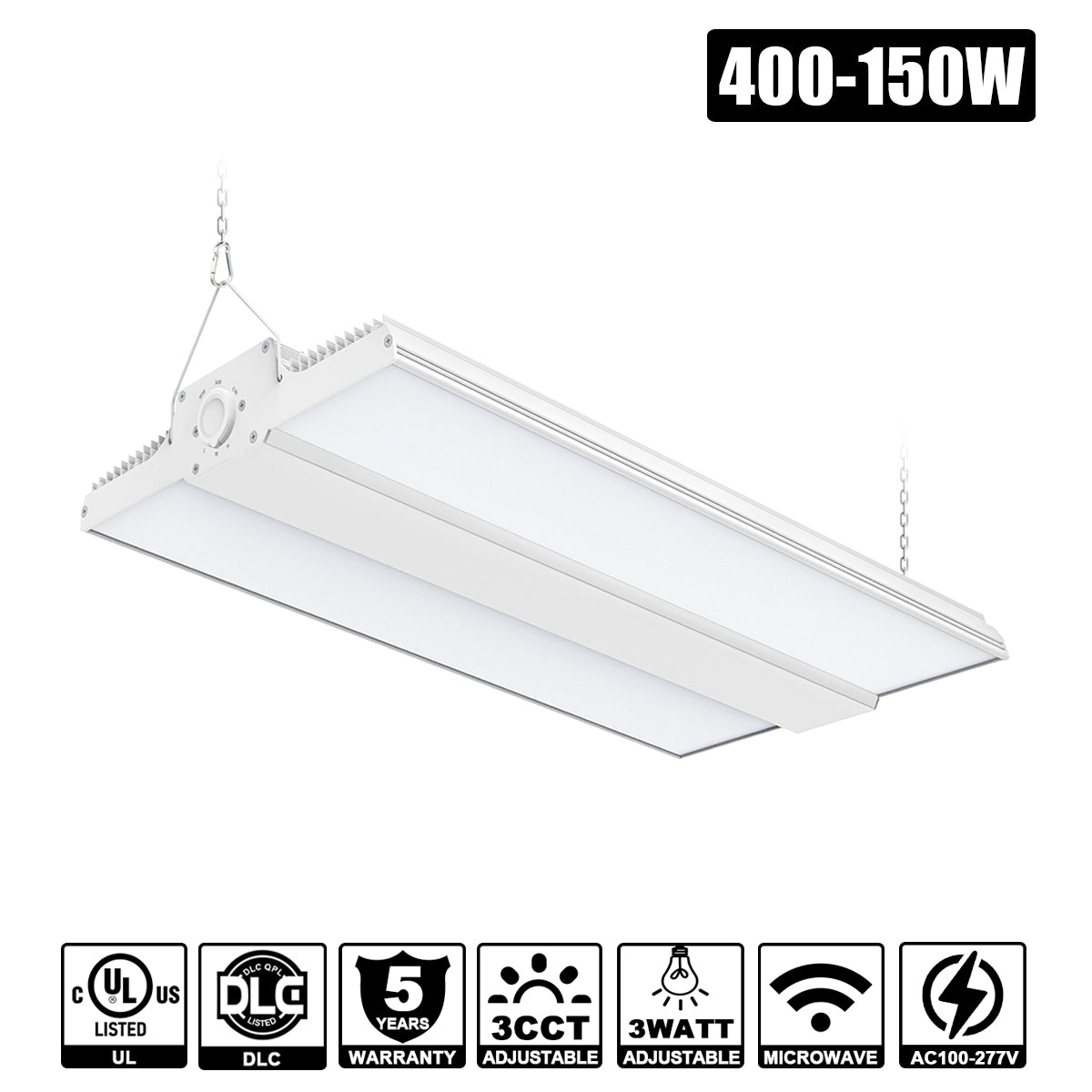 400W - 90W LED Linear High Bay Light CCT & WATT Tunable 4.5/5/5.7K 100-277VAC With Microwave