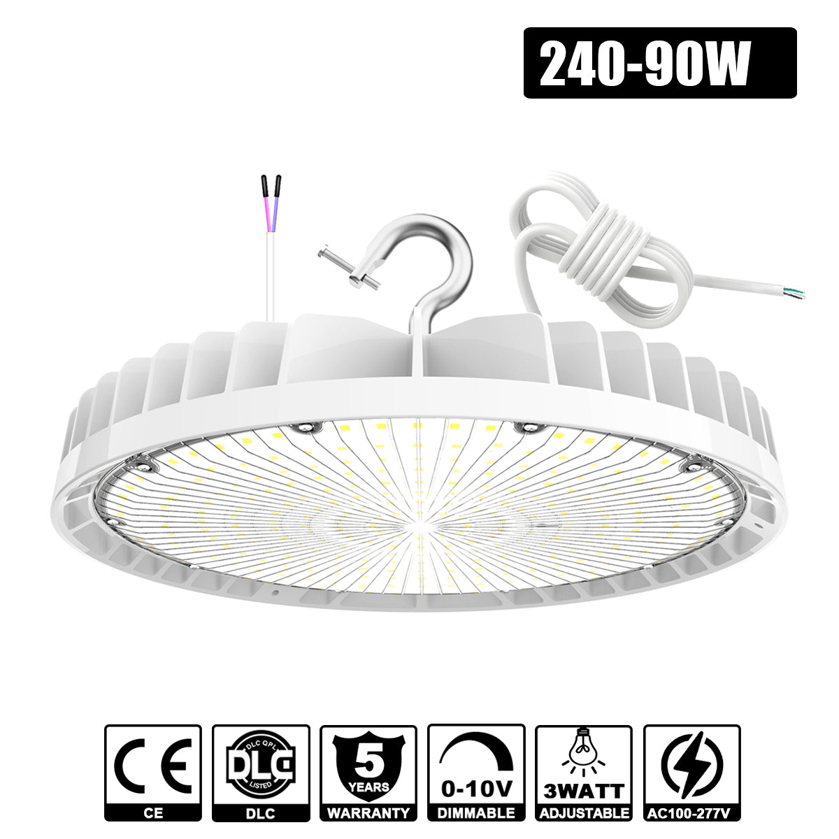240W - 90W LED UFO High Bay 5000K 100-277VAC White 0-10V Dim