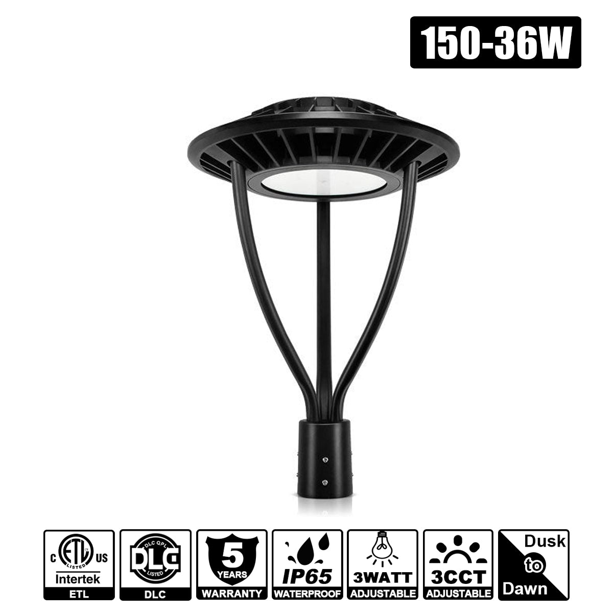 150W - 36W LED Post Top Area Light WATT CCT Tunable 3/4/5K 100-277VAC with Photocell