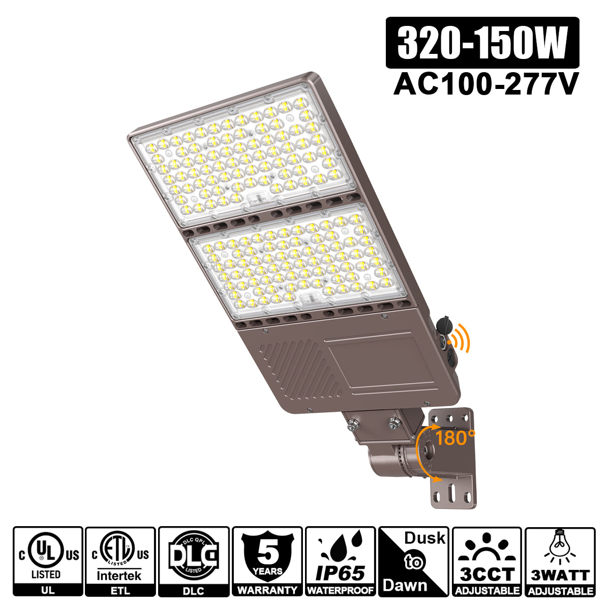 320W 150W LED Shoebox Area Lights WATT CCT Tunable 100-277VAC Built in Photocell
