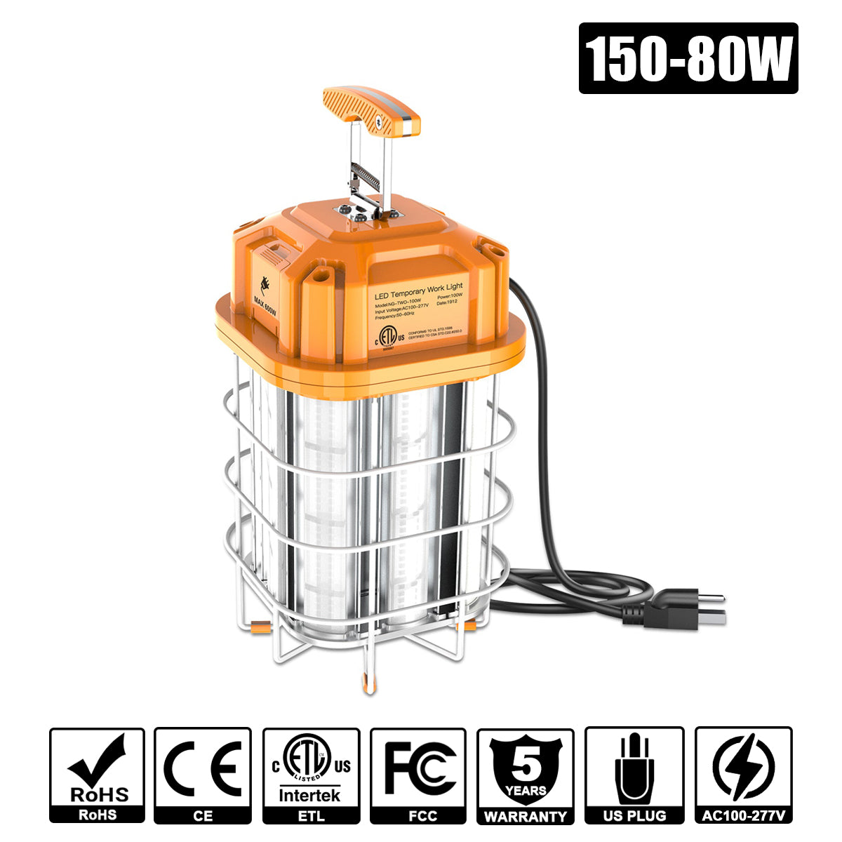 150W - 80W LED Square Linkable Work Lights 5000K 100-277VAC Linkable with 10ft US Plug Yellow