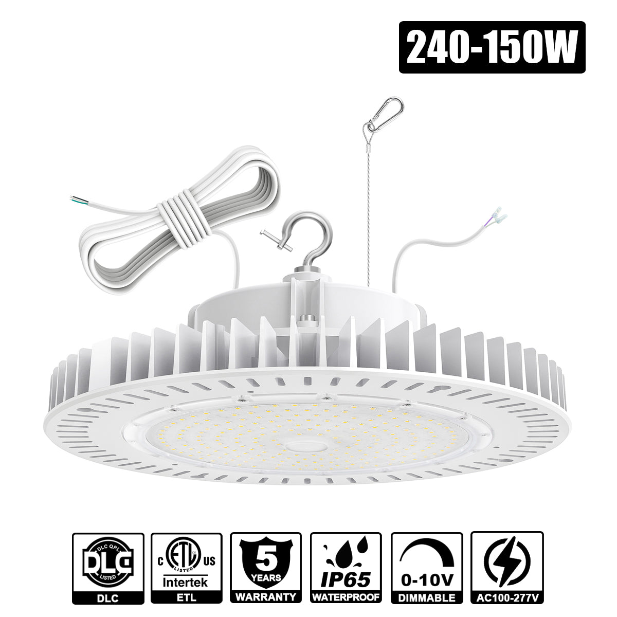 240W 200W 150W LED Industrial High Bay Lights 5000K 100-277VAC 0-10V Dim