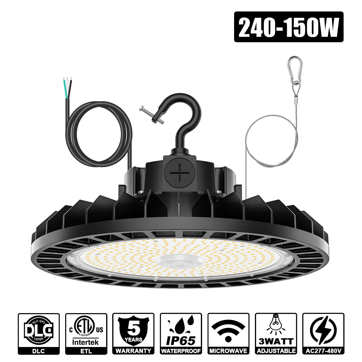 240W - 90W Watt Adjustable LED UFO High Bay Light Microwave Sensor 5000K 277-480VAC
