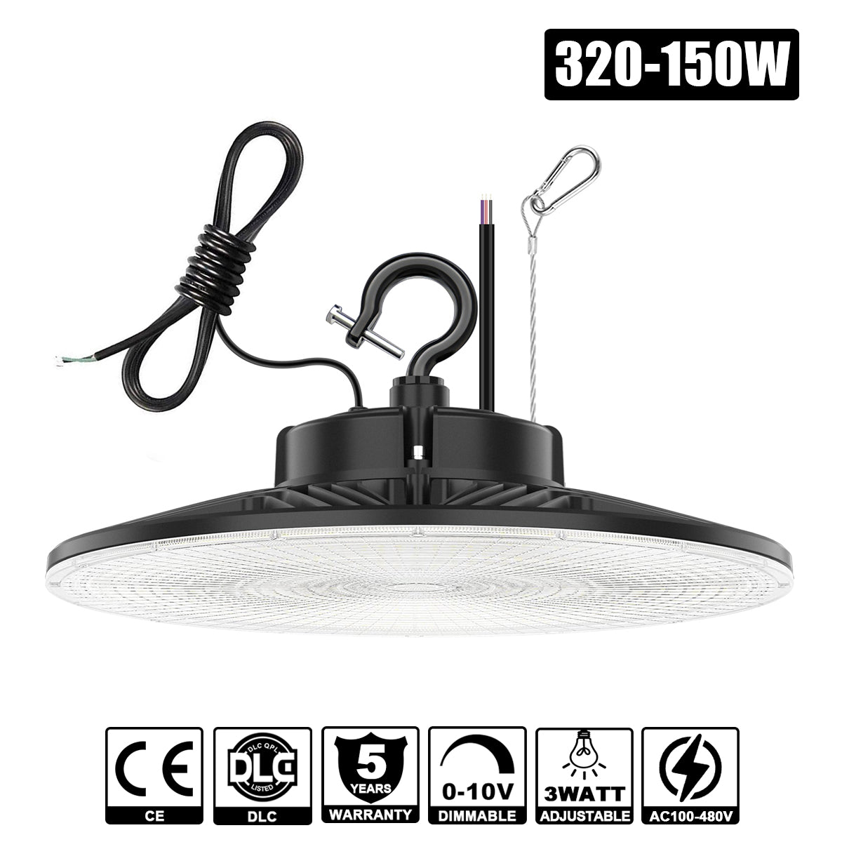 320W - 150W WATT Adjustable LED UFO High Bay Light PRO 5000K 100-480VAC 0-10V Dim