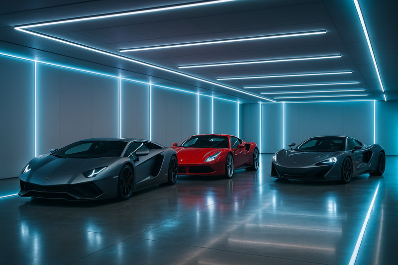 photorealistic image of a garage with multiple hypercars with LED lights installed inside the garage
