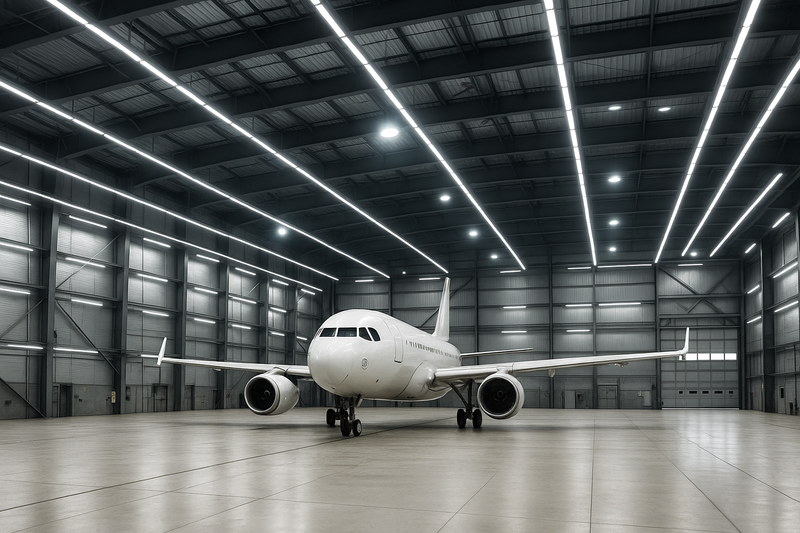 photorealistic image of a hangar with an airplane inside with LED lights installed