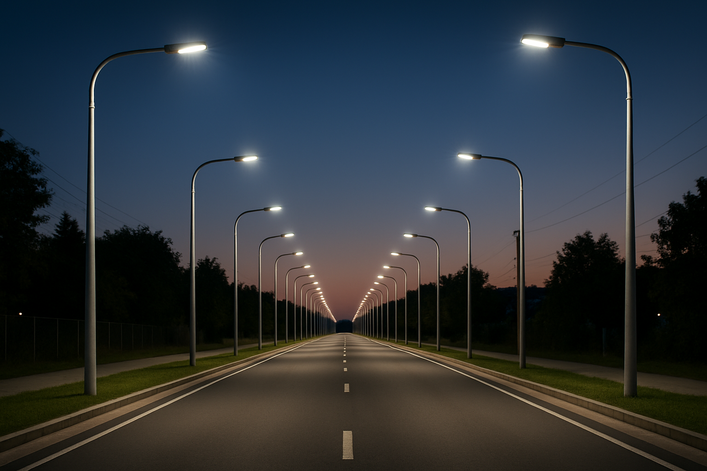 Photorealistic image of a road with street lights lining up