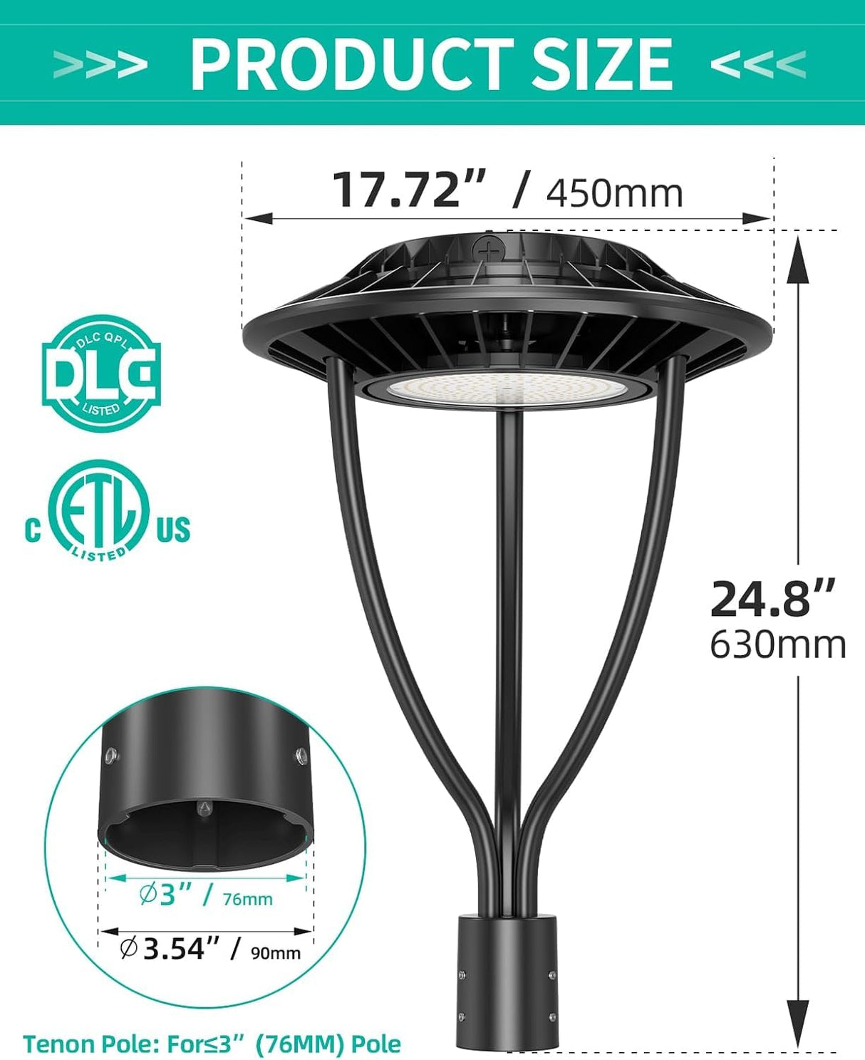LED Post Top Light- PTA Series,100W,14000lumens,Selectable Wattage,100-277V,Dusk to Dawn Optional