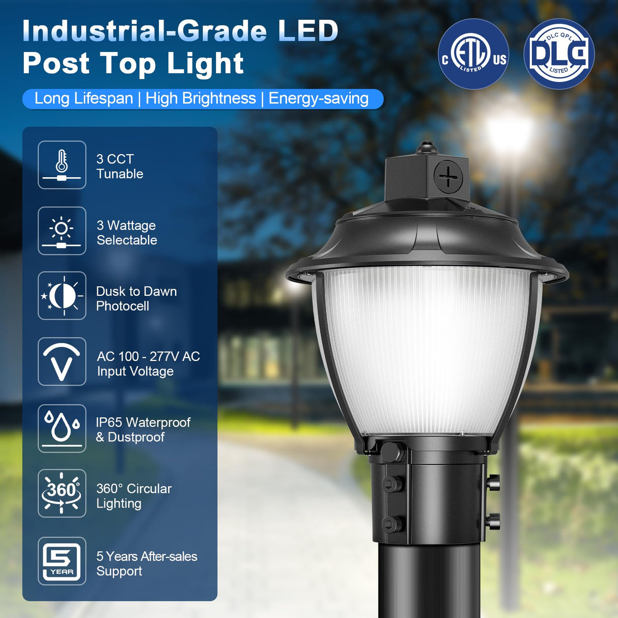 LED Post Top Light- PAL Series,60W,8400lumens,Selectable Wattage & CCT,100V-277V