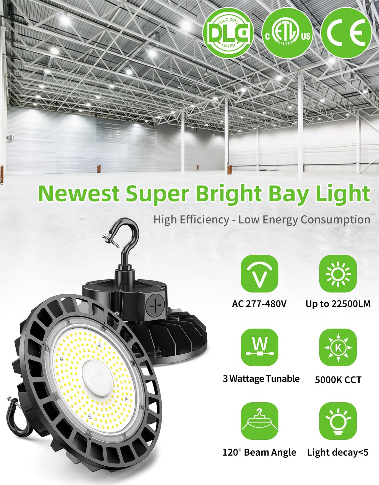 LED High Bay Light - UFO05 Series,150W,22500lumens,Selectable Wattage,5000K,277-480V