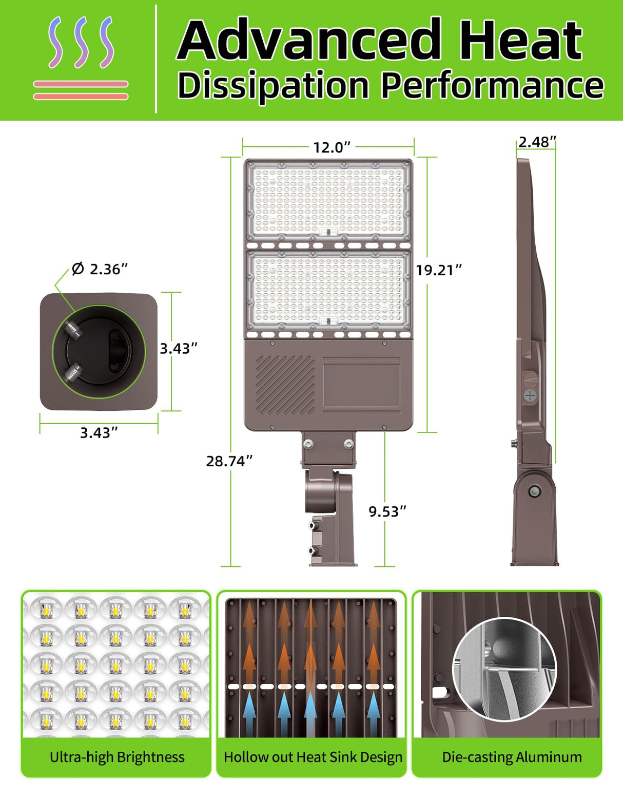 LED Parking Lot Light - PL Series With Slip Fit Mount,320W,48000lumens,Selectable Wattage,100-277V,Built in Photocell