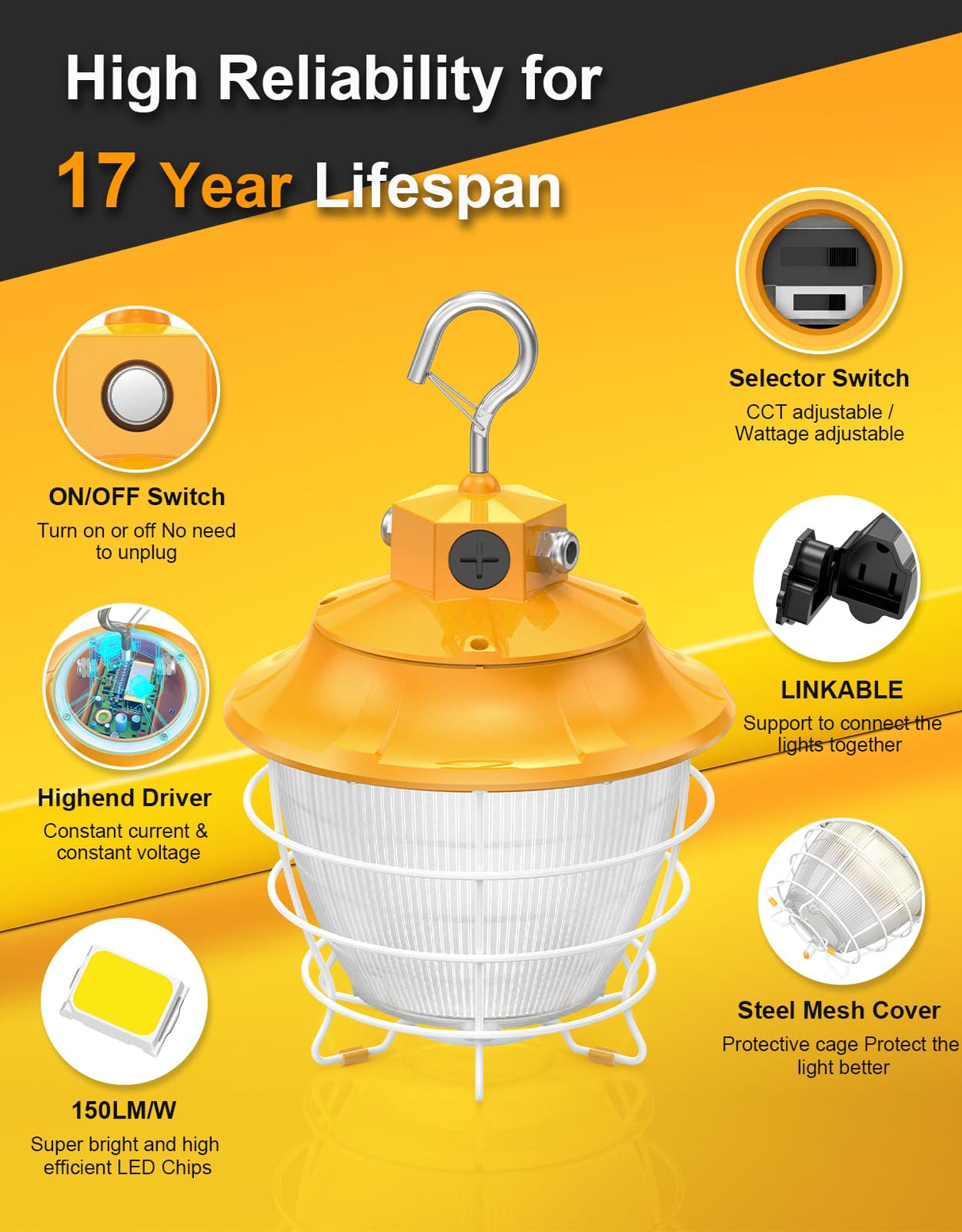 LED Temporary Work Light- PTL Series,60W,9000lumens,Selectable Wattage& CCT,AC120V,ON/Off Button