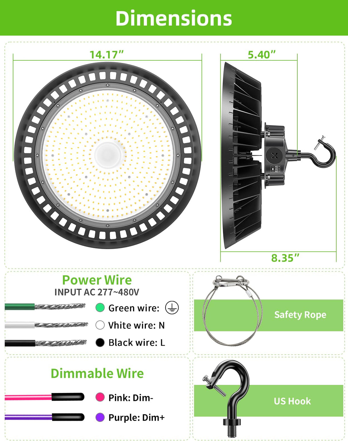LED High Bay Light - UFO02 Series,300W,45000lumens,Selectable Wattage,5000K,277-480V