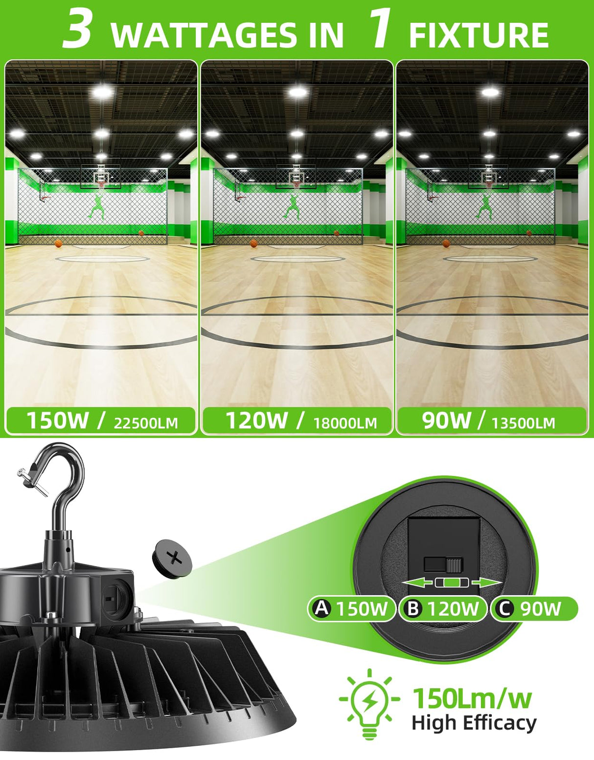 LED High Bay Light - UFO02 Series,150W,22500lumens,Selectable Wattage,5000K,277-480V