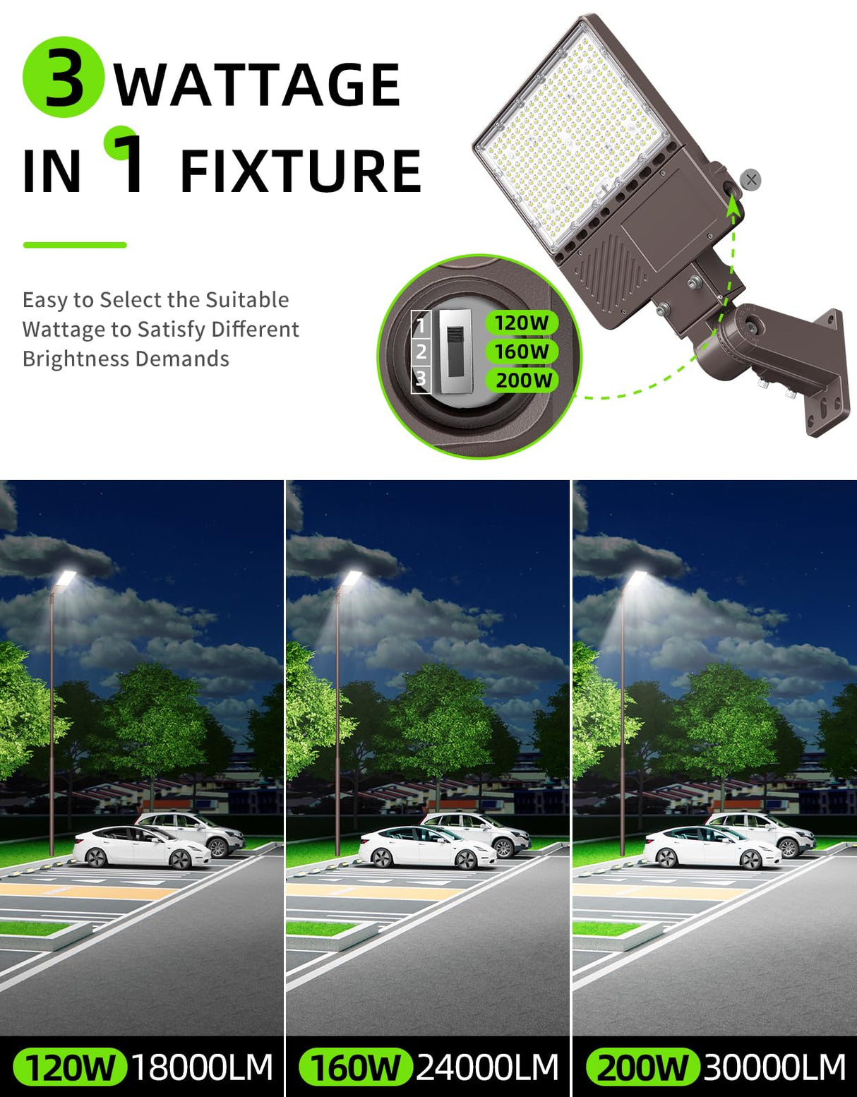 LED Parking Lot Light - PL Series With A&N BRACKET,200W,30000lumens,5000K,277-480V,Built in Photocell