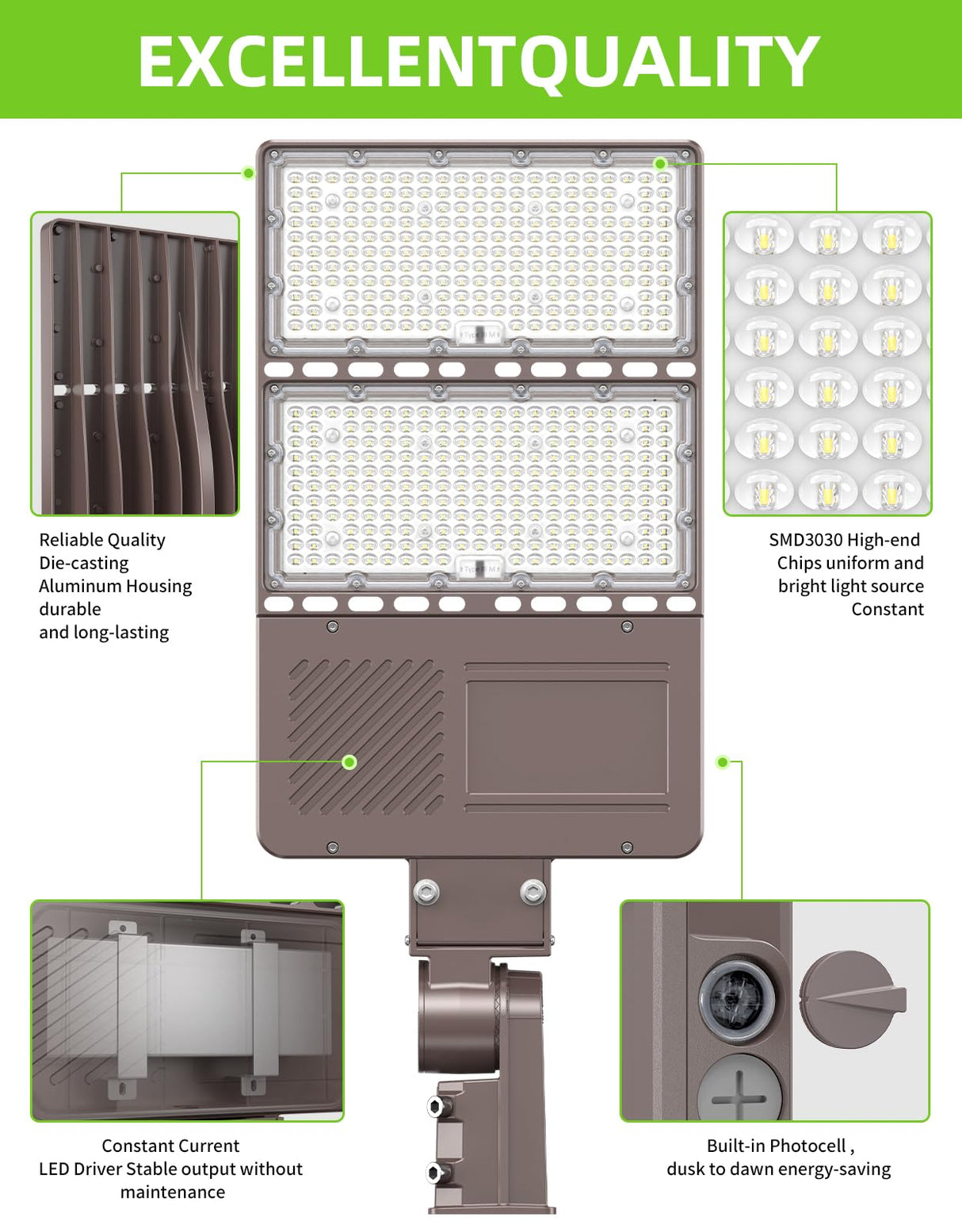 LED Parking Lot Light - PL Series With Slip Fit Mount,320W,48000lumens,Selectable Wattage,100-277V,Built in Photocell