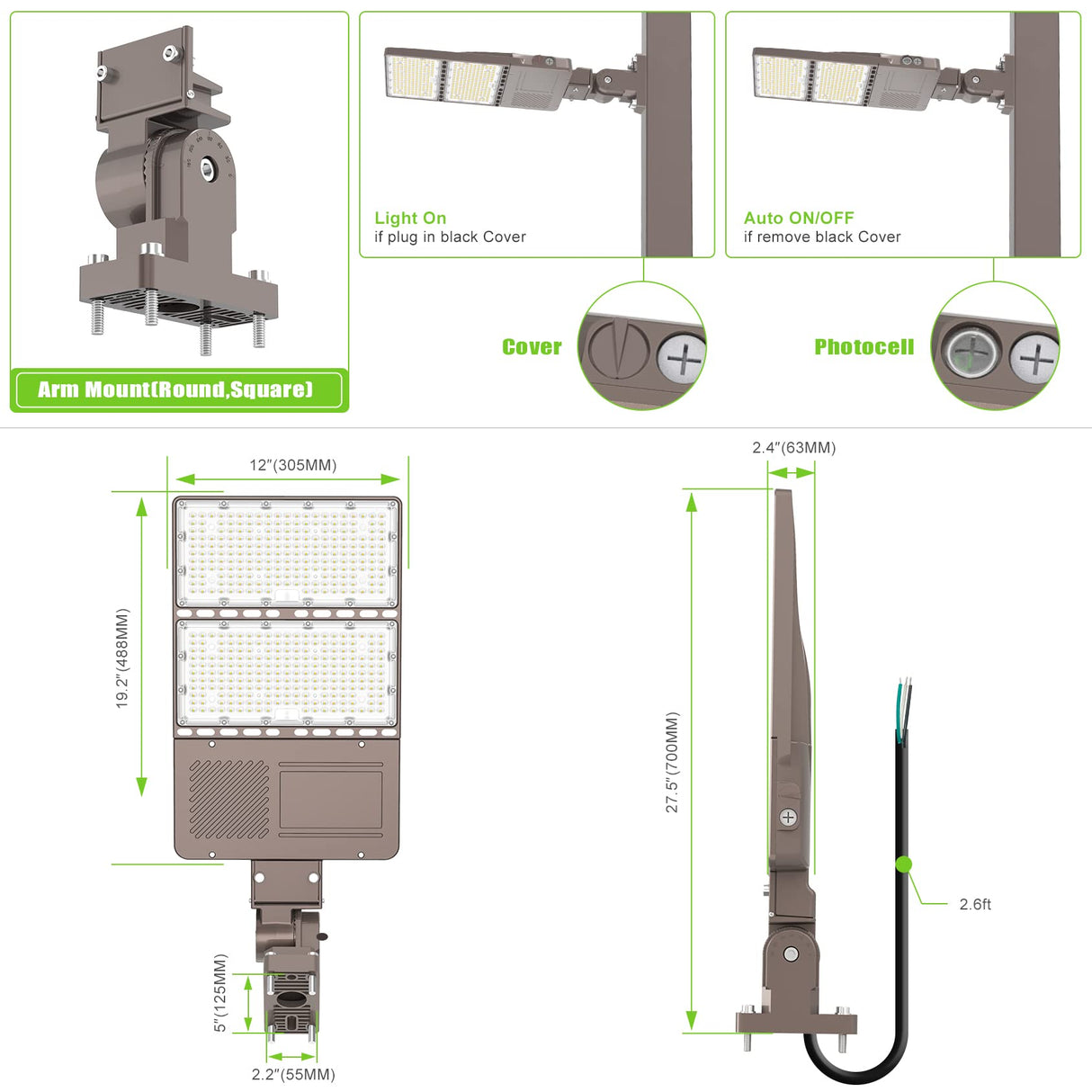 LED Parking Lot Light - PL Series With Arm Mount ,240W,36000lumens,5000K,100-277V,Dusk to Dawn