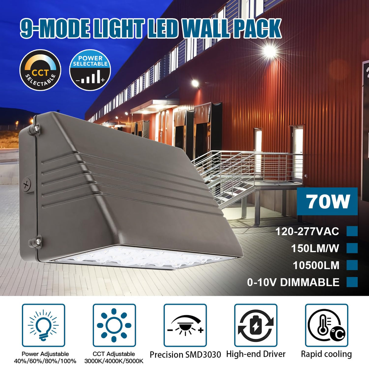 LED Wall Pack Light- FWP Series,70W,10500lumens,Selectable Wattage & CCT,100-277V