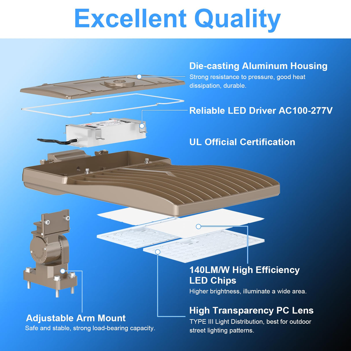 LED Parking Lot Light - SB Series With Arm Mount,400W,60000lumens,Selectable Wattage,5000K,100-277V,Built in Photocell