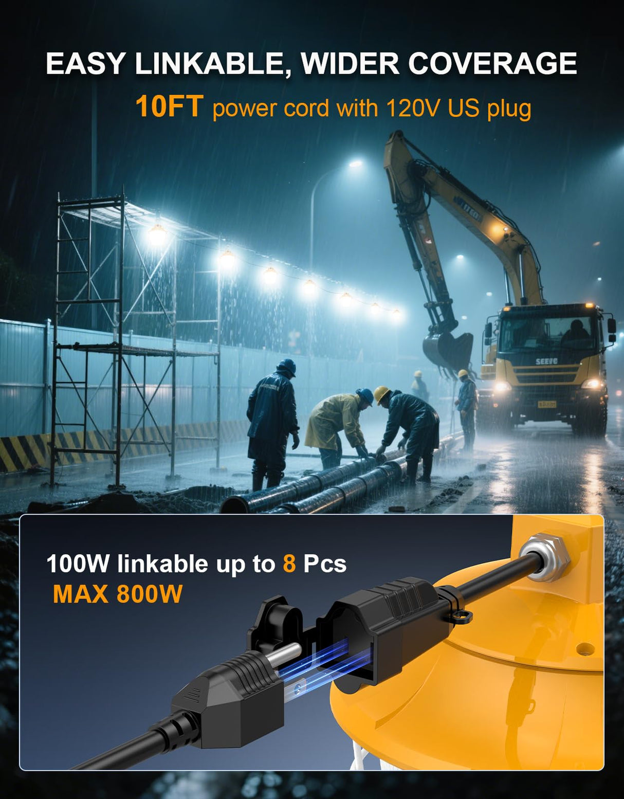 LED Temporary Work Light- PTL Series,80W,12000lumens,Selectable Wattage& CCT,AC120V,ON/Off Button
