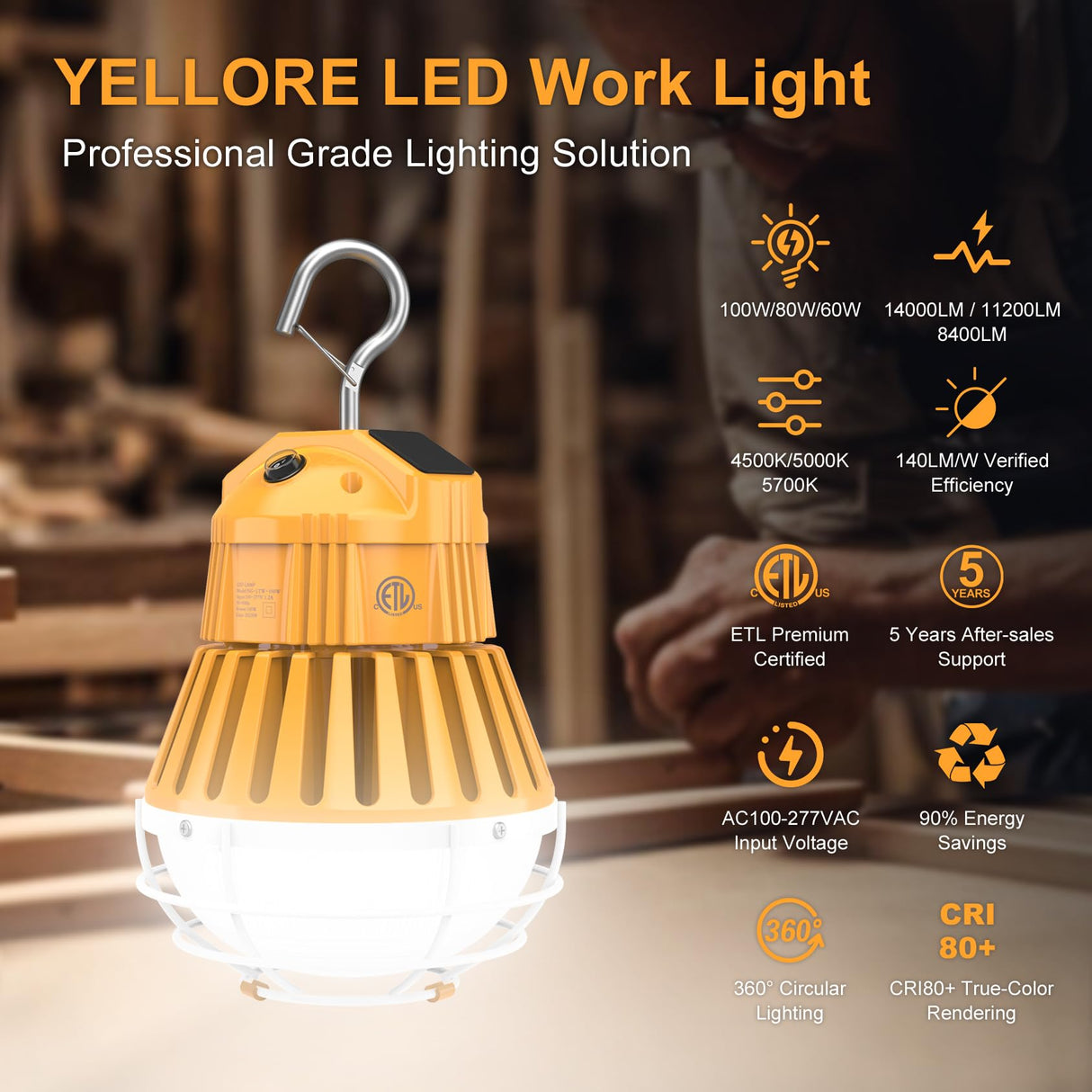 LED Temporary Work Light - LTW Series,100W,14000lumens,Selectable Wattage & CCT,100-277V