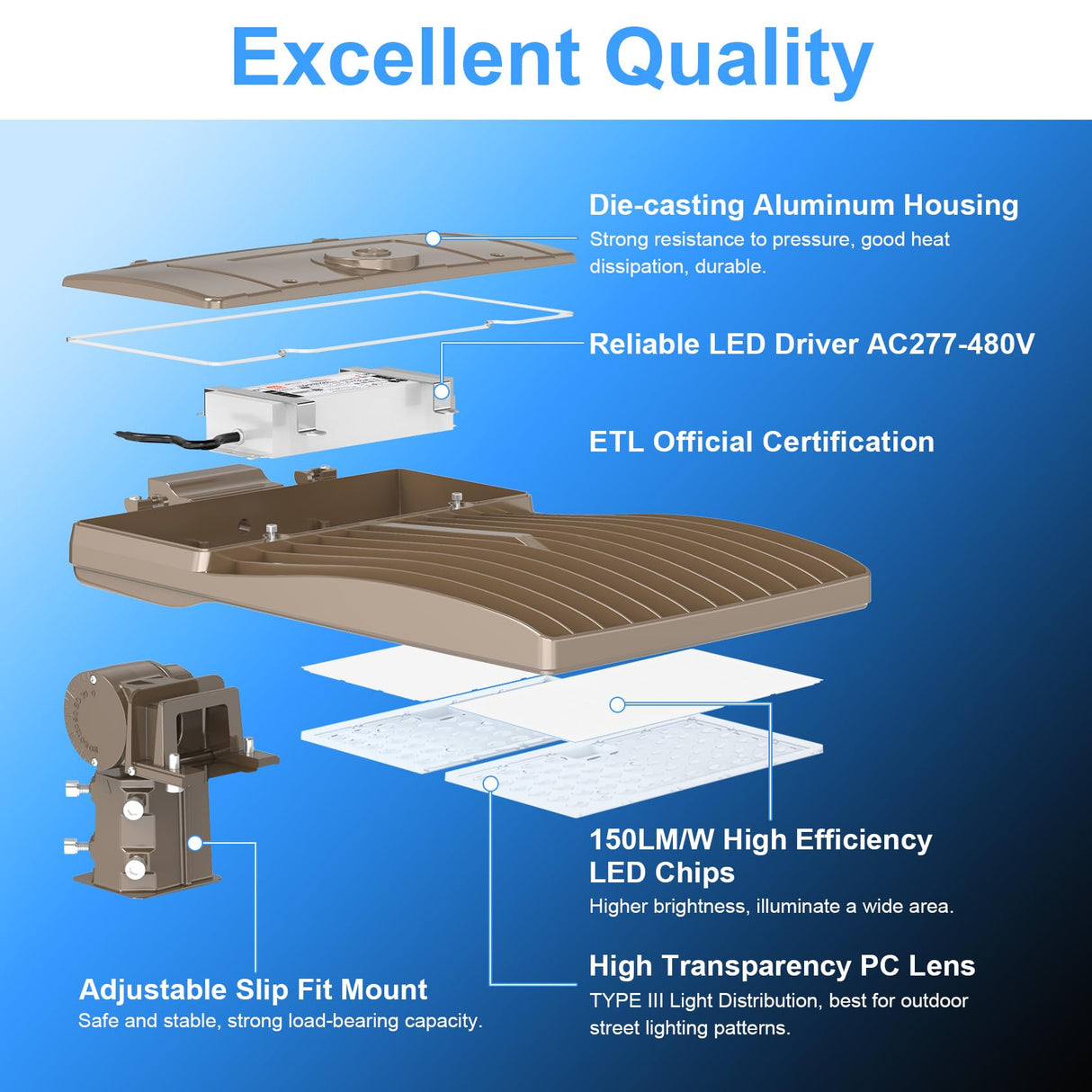 LED Parking Lot Light - SB Series With Slip Fit  Mount,400W,60000lumens,,5000K,277-480V,Built in Photocell