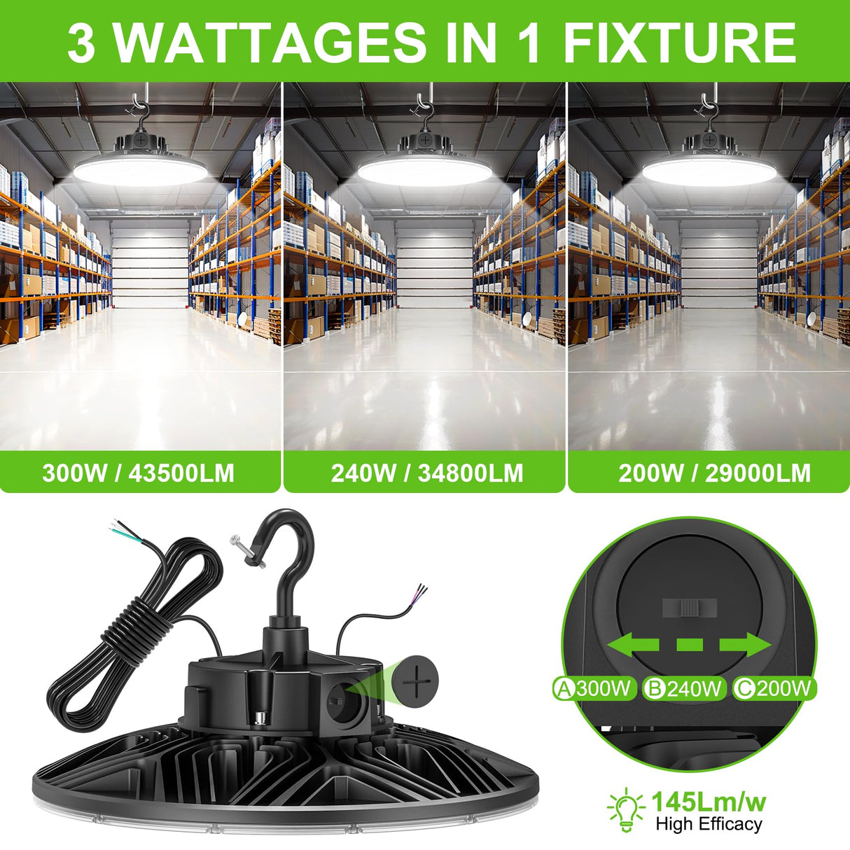 LED High Bay Light - PRO Series,300W,42000lumens,Selectable Wattage,277-480V