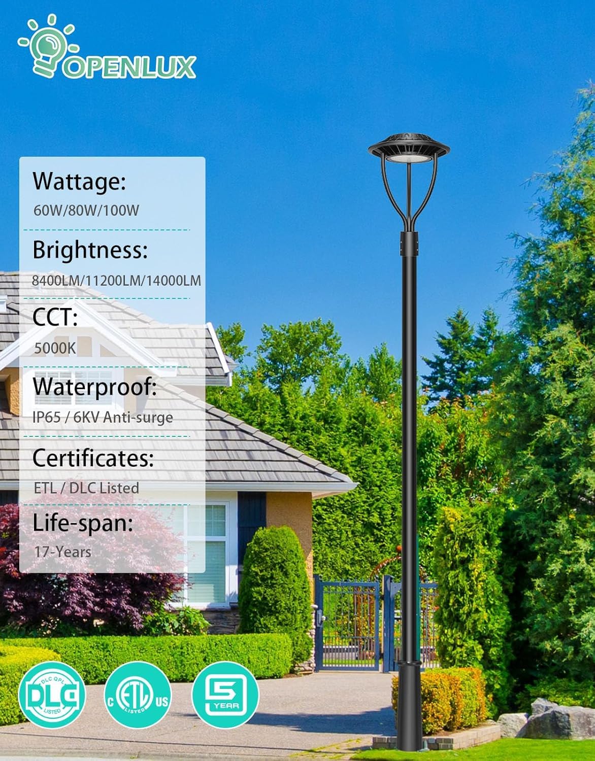 LED Post Top Light- PTA Series,100W,14000lumens,Selectable Wattage,100-277V,Dusk to Dawn Optional