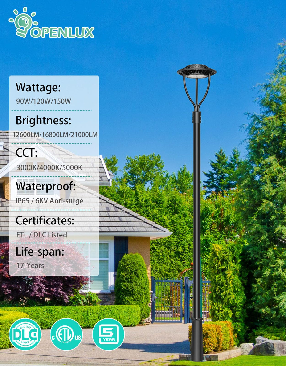 LED Post Top Light- PTA Series,150W,21000lumens,Selectable Wattage& CCT,100-277V,Dusk to Dawn Optional