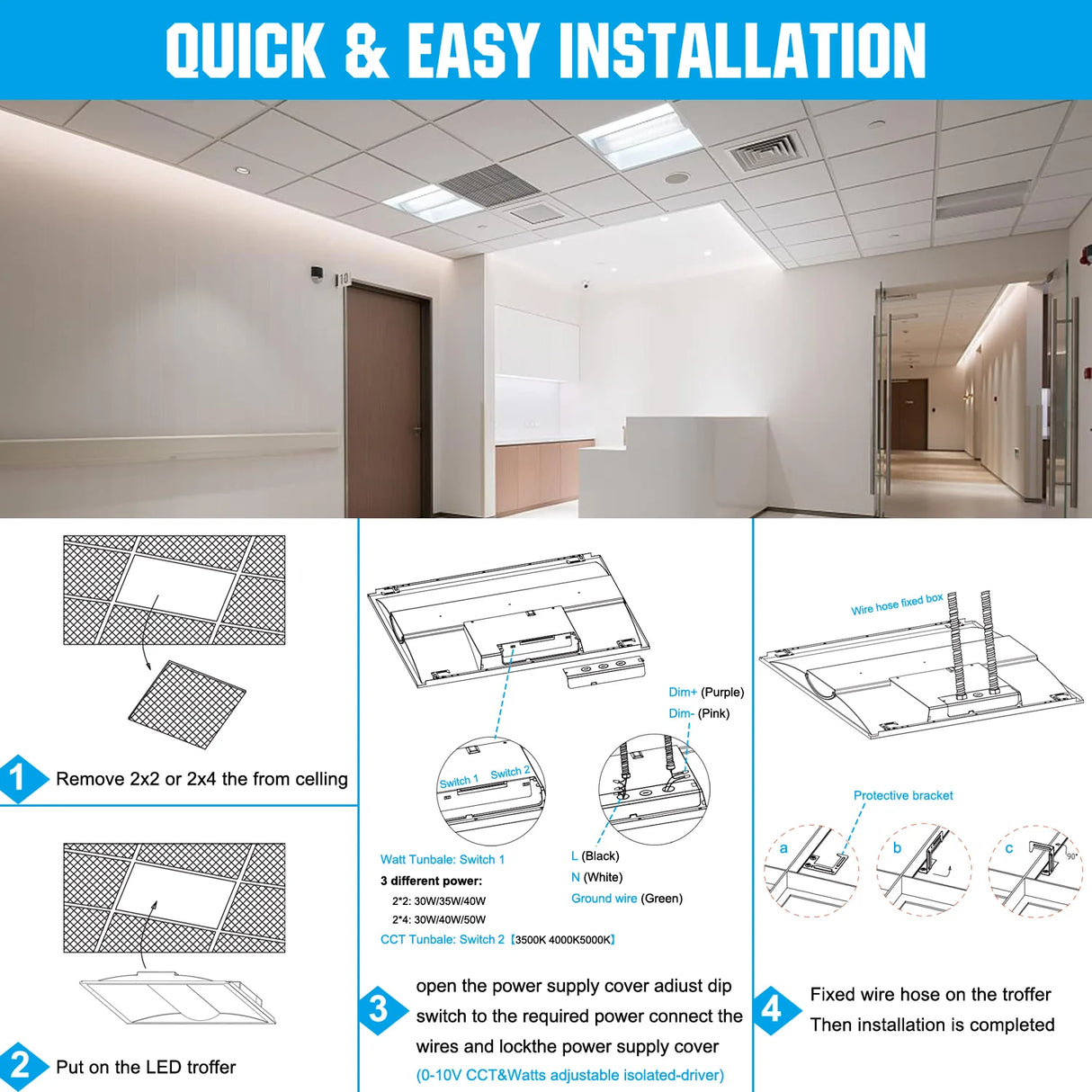 4PACK LED Troffer Light - TFL Series,50W,6500lumens,Selectable Wattage & CCT,100-277V, 2*4ft