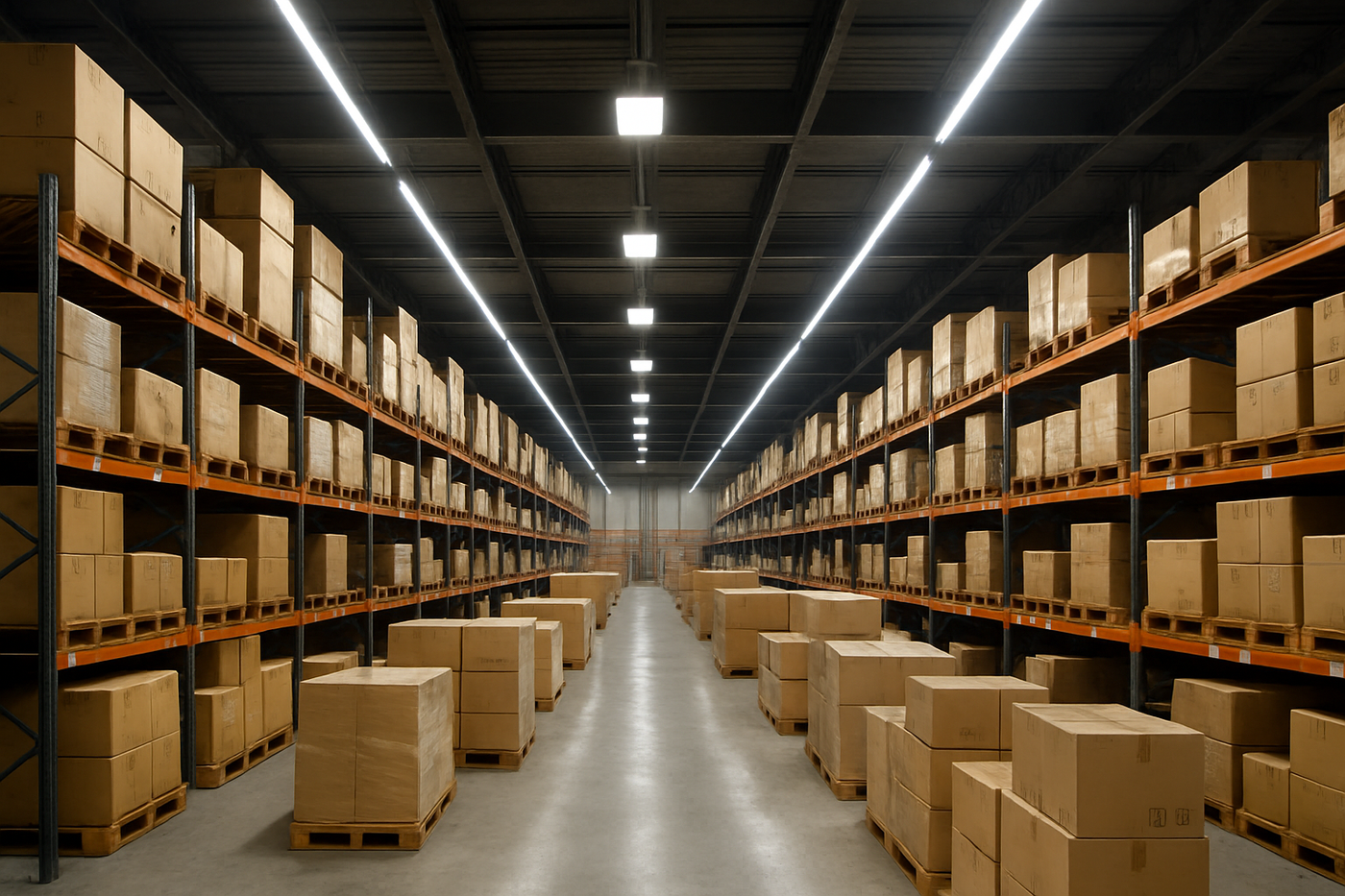 Photorealistic image of a warehouse with boxes lining up and LED lights installed